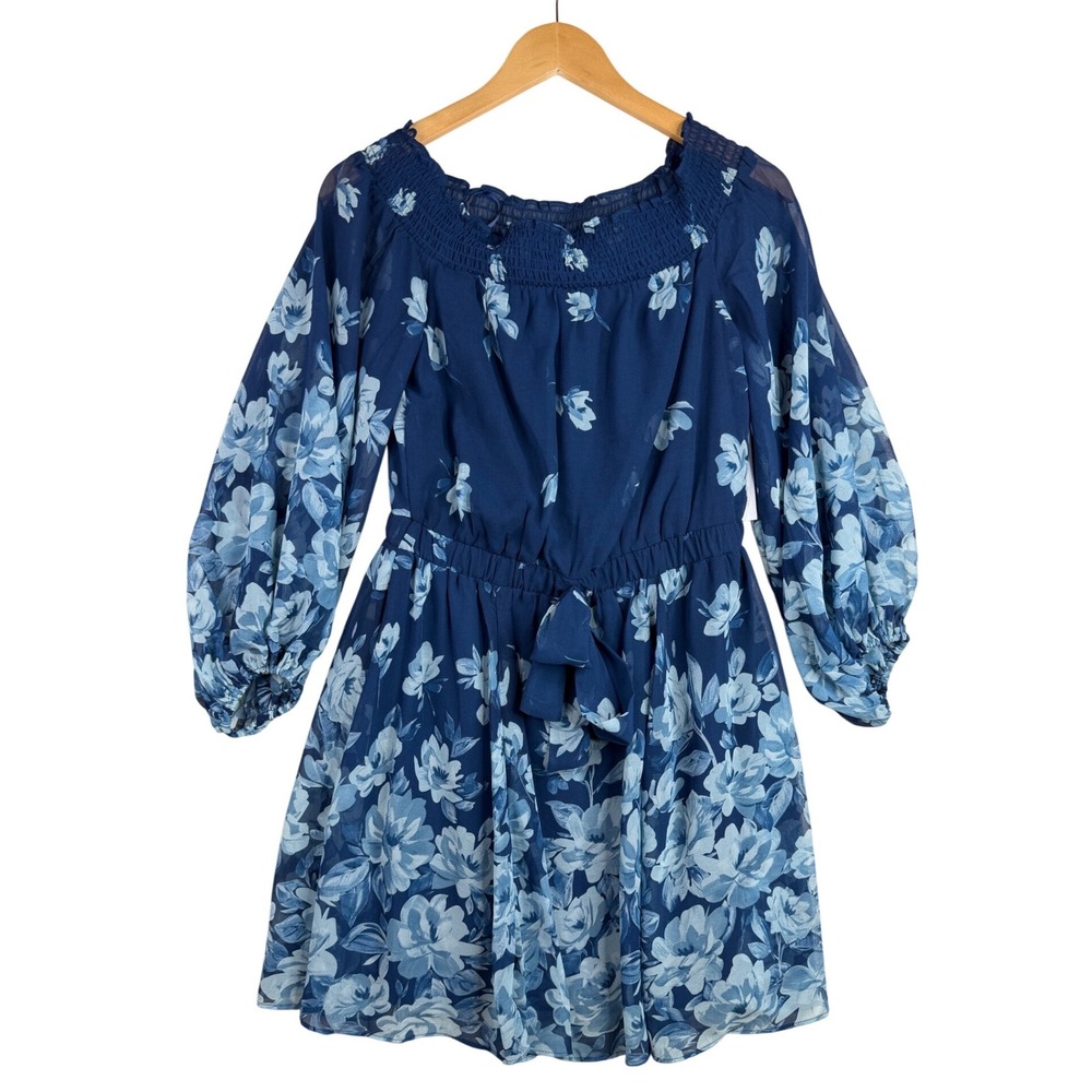 New Premier Amour Floral Print Off Shoulder Long Sleeve‎ Dress size 6 Blue